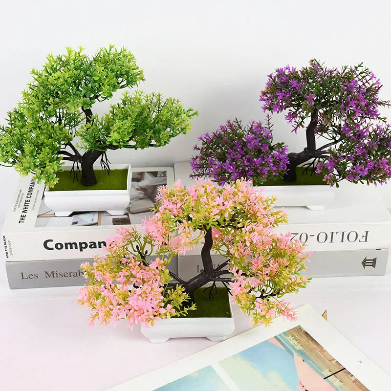 Artificial Bonsai Tree with Flower-Fake Potted Plant for Home Room & Garden Decoration