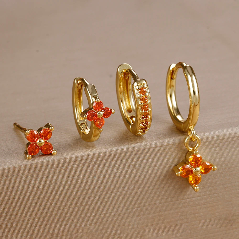 4Pcs Cubic Zirconia Flower Hoop Earrings Set 18k Gold- & Silver-Plated Stainless Steel