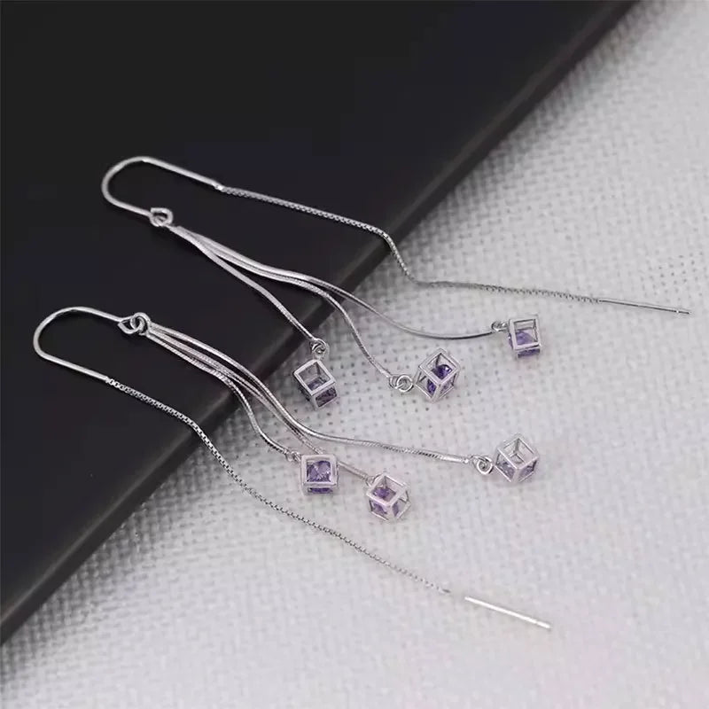 Crstal Zirconia Square Tassel Drop Earrings