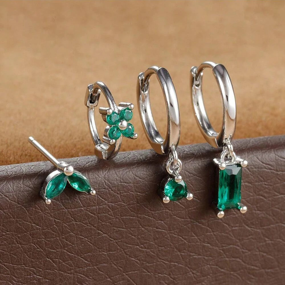 4Pcs Cubic Zirconia Flower Hoop Earrings Set 18k Gold- & Silver-Plated Stainless Steel