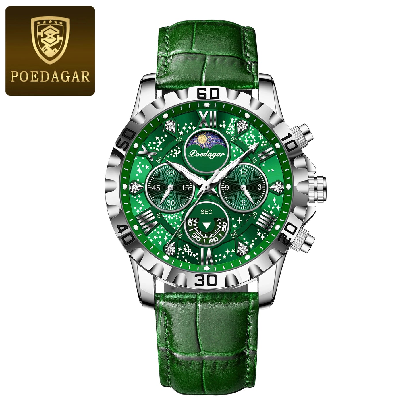 POEDAGAR men's Luxury Fashion Watch Waterproof Chronograph Leather Quartz Wriswatch