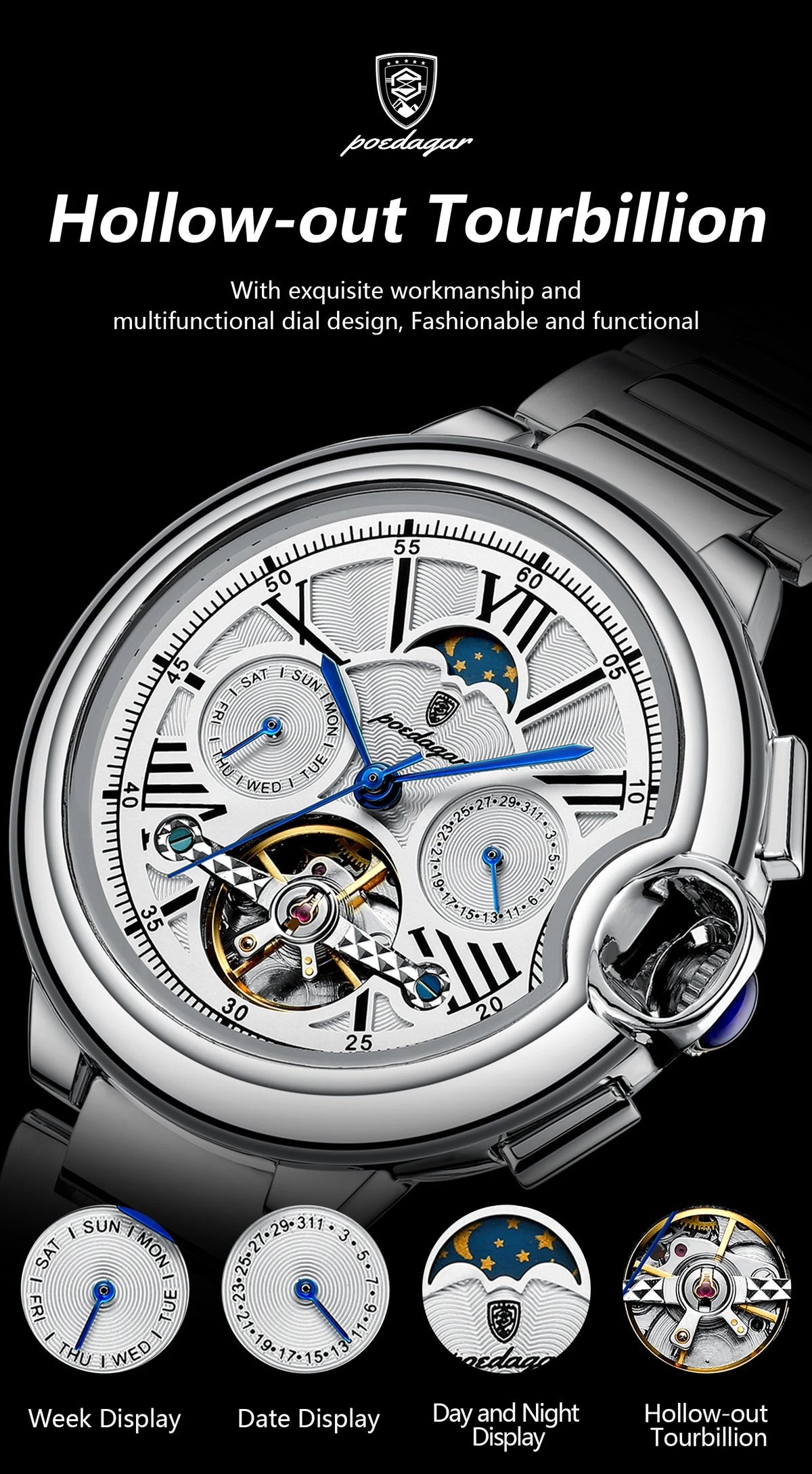 POEDAGAR 1413 Men's Automatic Watch with Day & Date Display