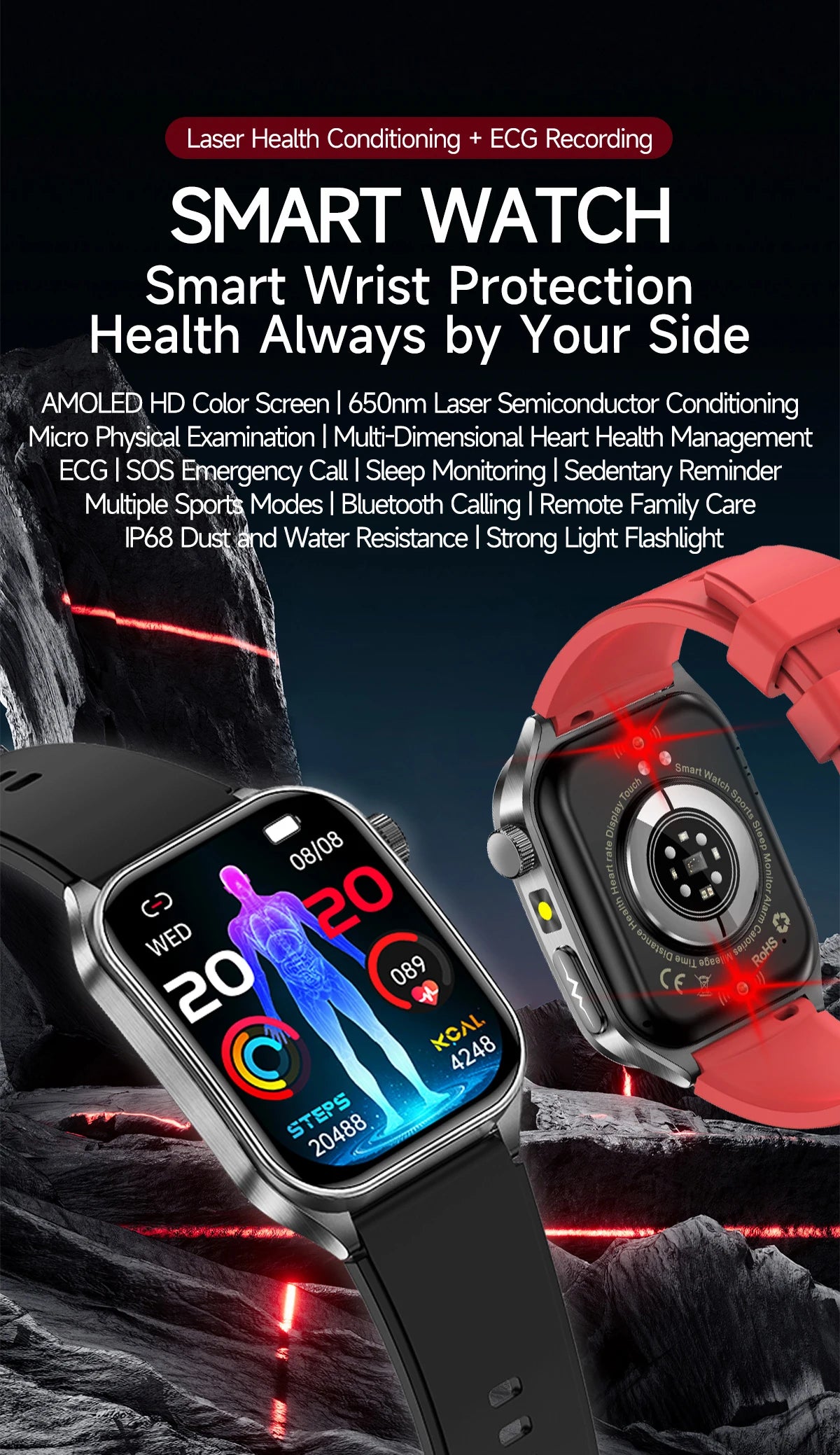 2025 Nursing Grade Laser Therapy Smartwatch- ECG PPG Blood Pressure Uric Acid Monitor
