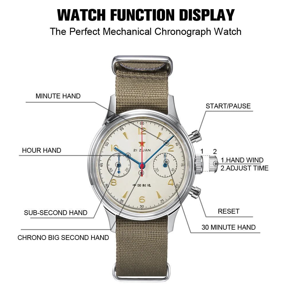 RED STAR  38mm 1963 Men's Chronograph Mechanical Watch - Pilot's Choice Aviation Timepieces.