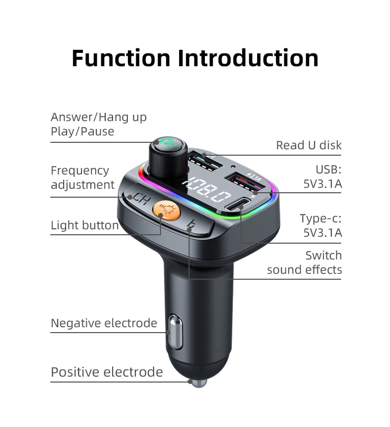 Car Bluetooth 5.3 M Transmitter - Wireless MP3 Player with Type - C Quick Charge Adapter