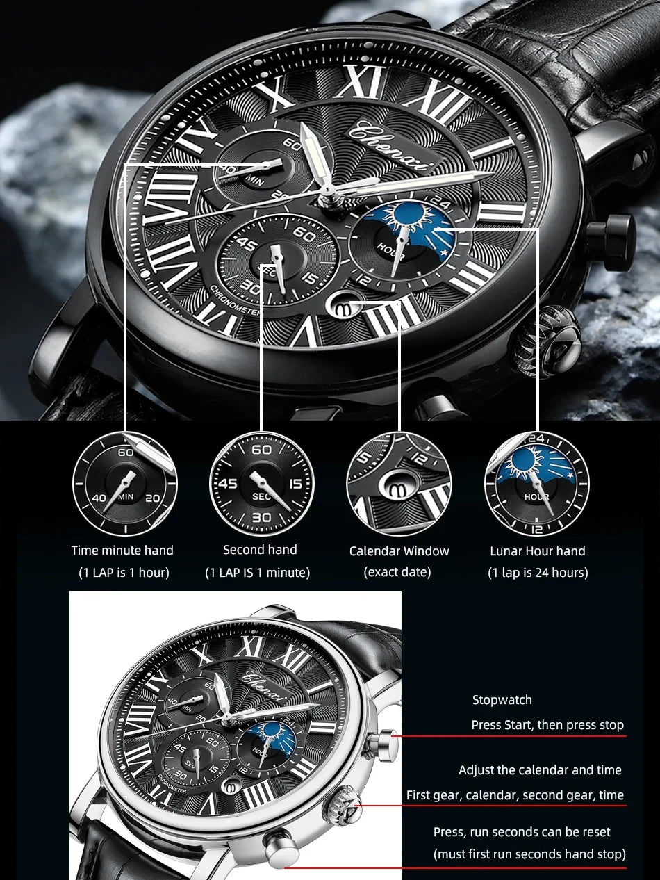 CHENXI 1973 Chronograph Watch- Moon Phase, Date Display & Leather Strap