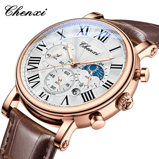 CHENXI 1973 Chronograph Watch- Moon Phase, Date Display & Leather Strap