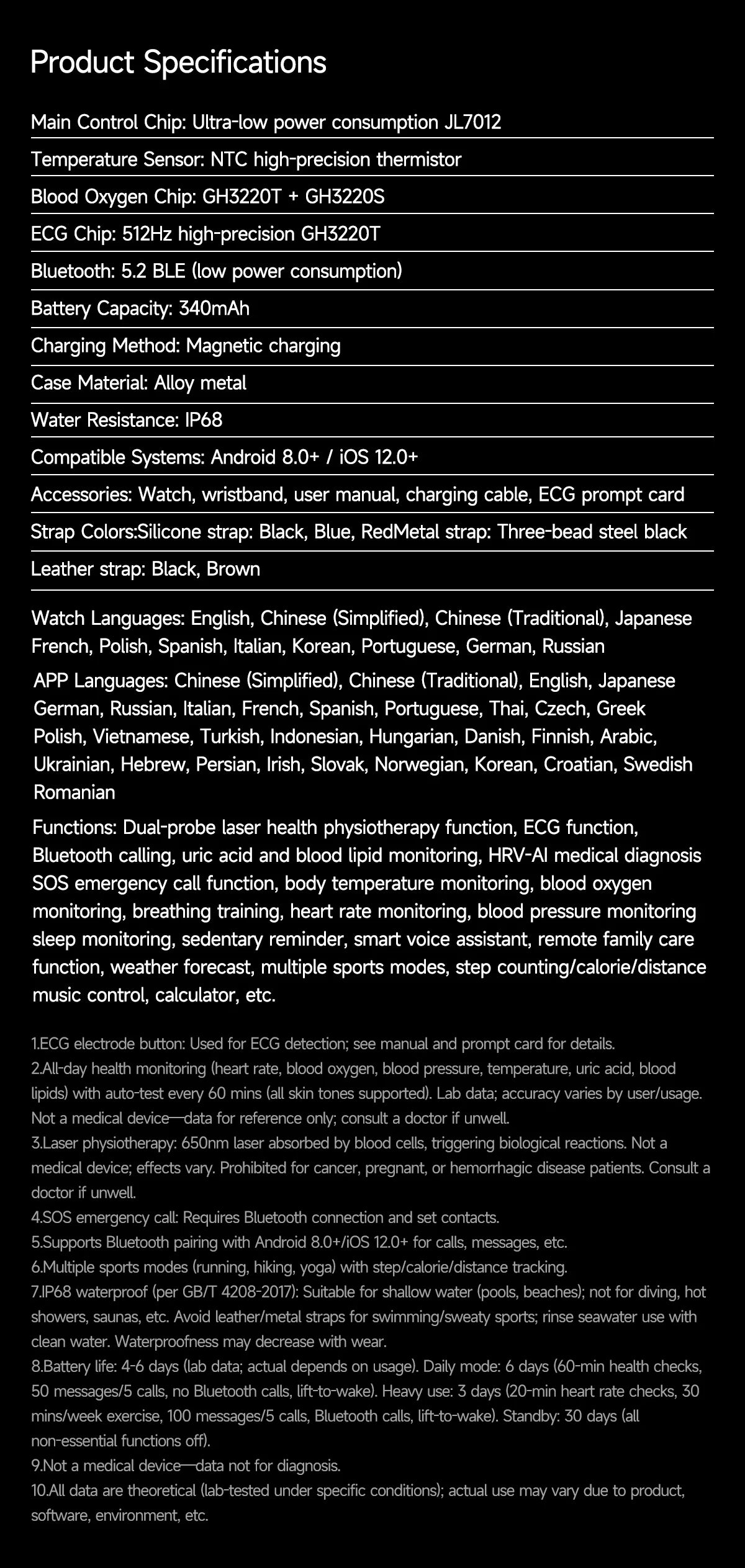 2025 Nursing Grade Laser Therapy Smartwatch- ECG PPG Blood Pressure Uric Acid Monitor