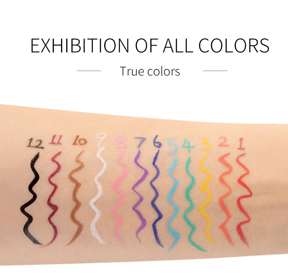 12- Color Waterproof Liquid Eyeliner Set - Vibrant Eye Makeup Pencils