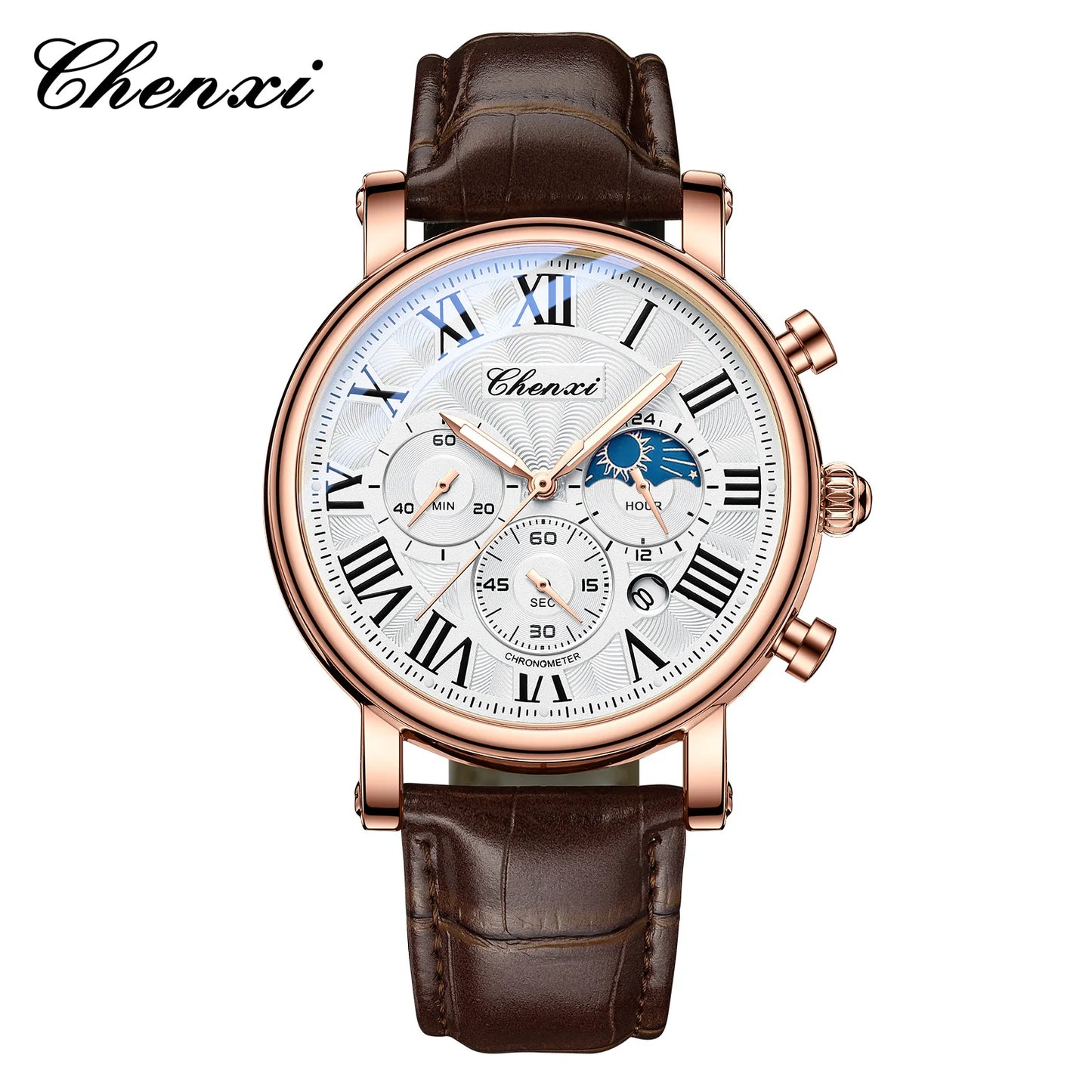 CHENXI 1973 Chronograph Watch- Moon Phase, Date Display & Leather Strap