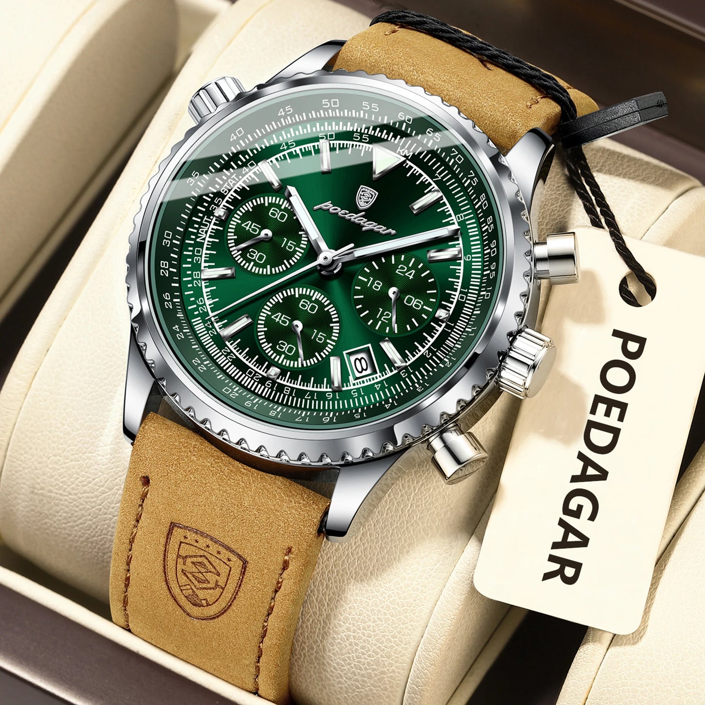 POEDAGAR Men's Luxury Business Luxury Business Watch Waterproof Choreograph Date Leather Quratz Wristwatch Date