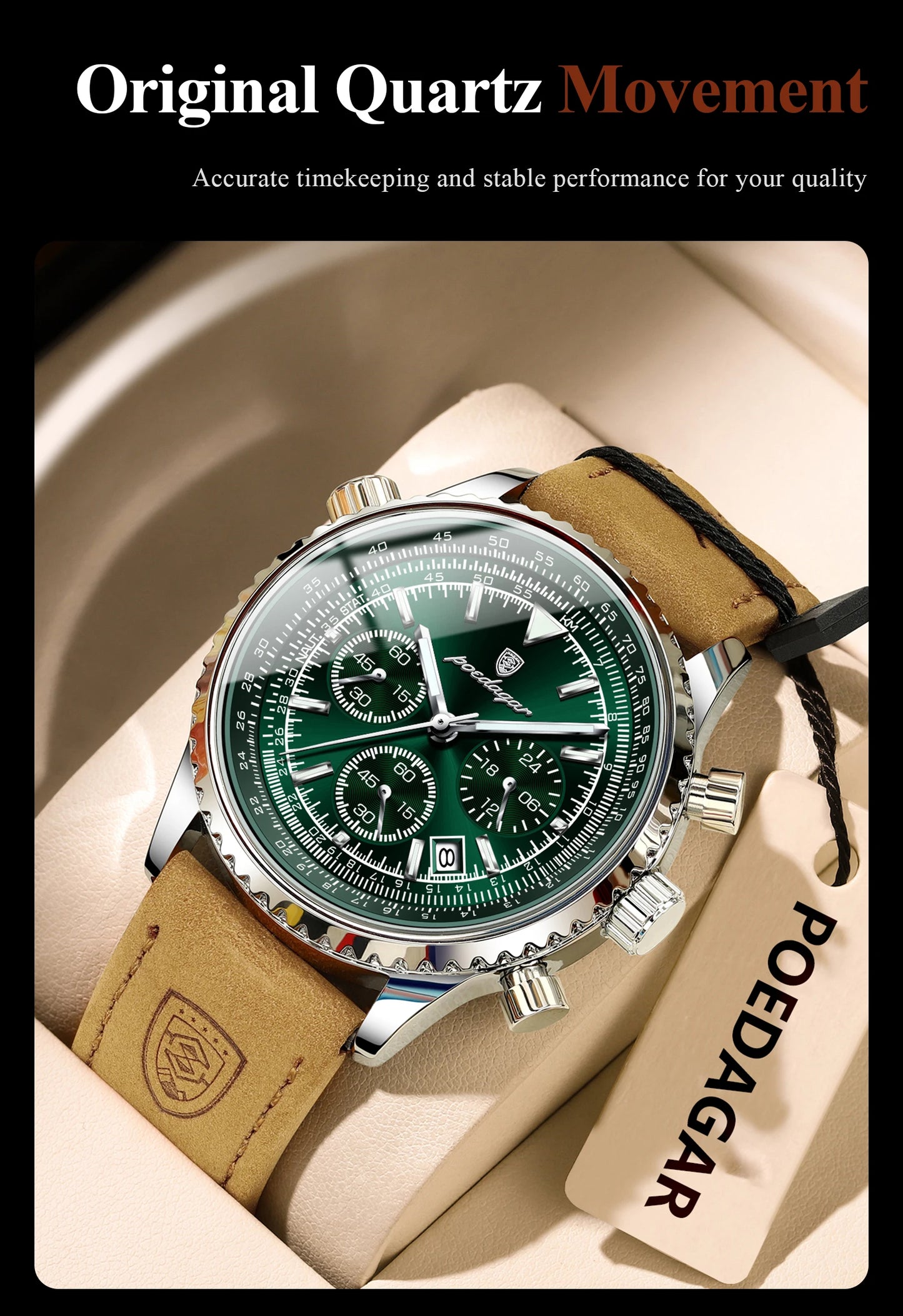 POEDAGAR Men's Luxury Business Luxury Business Watch Waterproof Choreograph Date Leather Quratz Wristwatch Date