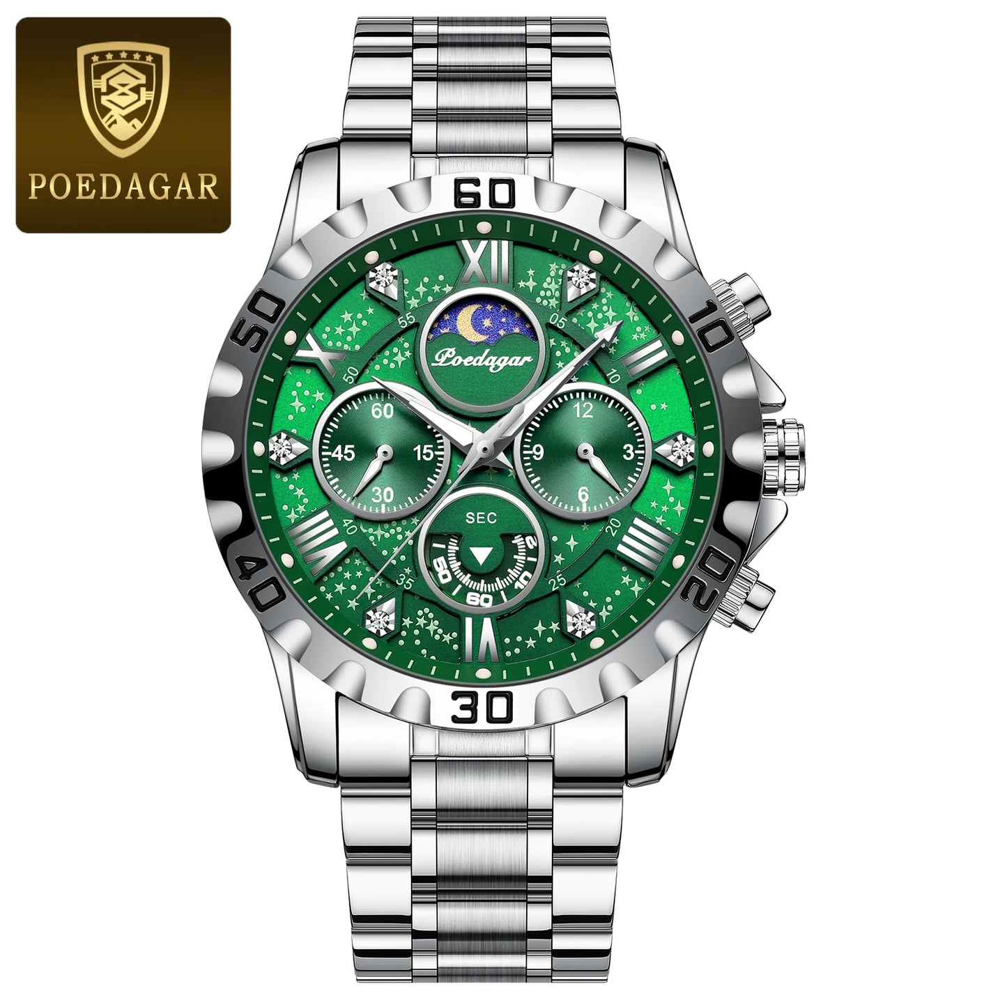 POEDAGAR Top Luxury Man Wristwatch Waterproof Luminous Chronograph Men's Quartz Watch Stainless Steel