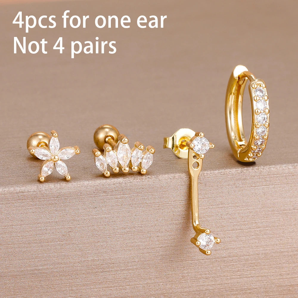 4-Pieces Zircon Star Moon Flower Small Hoop Earrings Set for Women