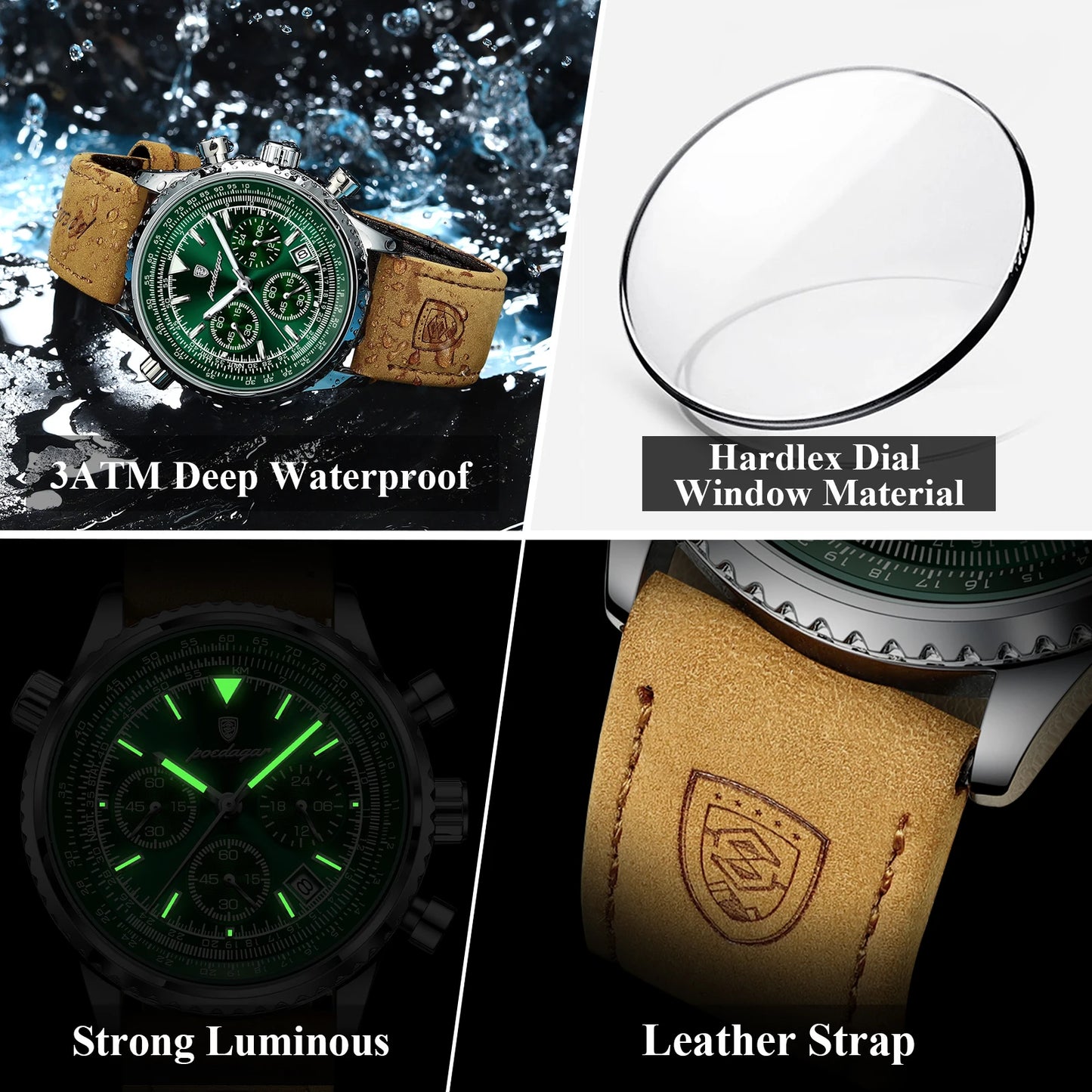 POEDAGAR Men's Luxury Business Luxury Business Watch Waterproof Choreograph Date Leather Quratz Wristwatch Date