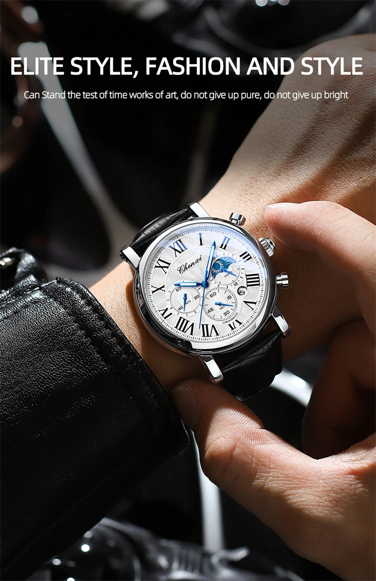 CHENXI 923 Men's Fashion Watch- Moon Phase, Roman Numeral Dial & Leather Strap