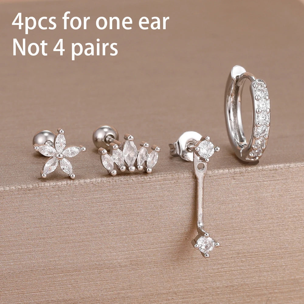 4-Pieces Zircon Star Moon Flower Small Hoop Earrings Set for Women