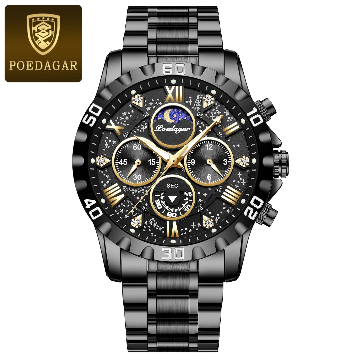 POEDAGAR Top Luxury Man Wristwatch Waterproof Luminous Chronograph Men's Quartz Watch Stainless Steel