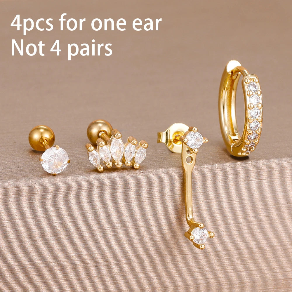 4-Pieces Zircon Star Moon Flower Small Hoop Earrings Set for Women