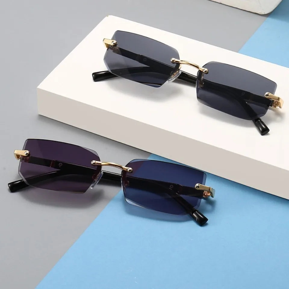 Rectangle Rimless Sunglasses Women Men - Small Square Trendy Shades UV400