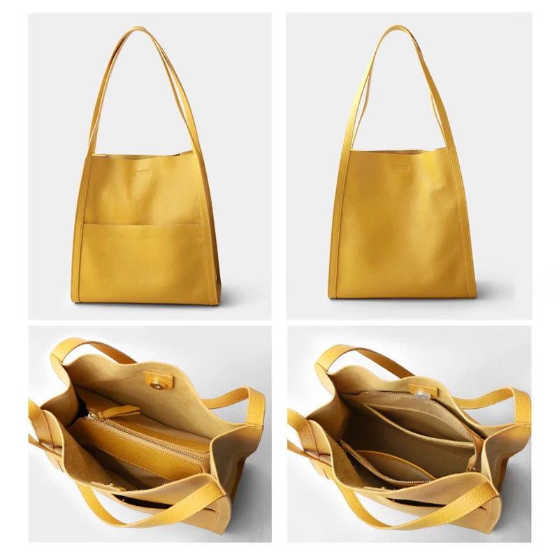 Luxury 100% Genuine Cowhide Leather Tote Bucket Bag