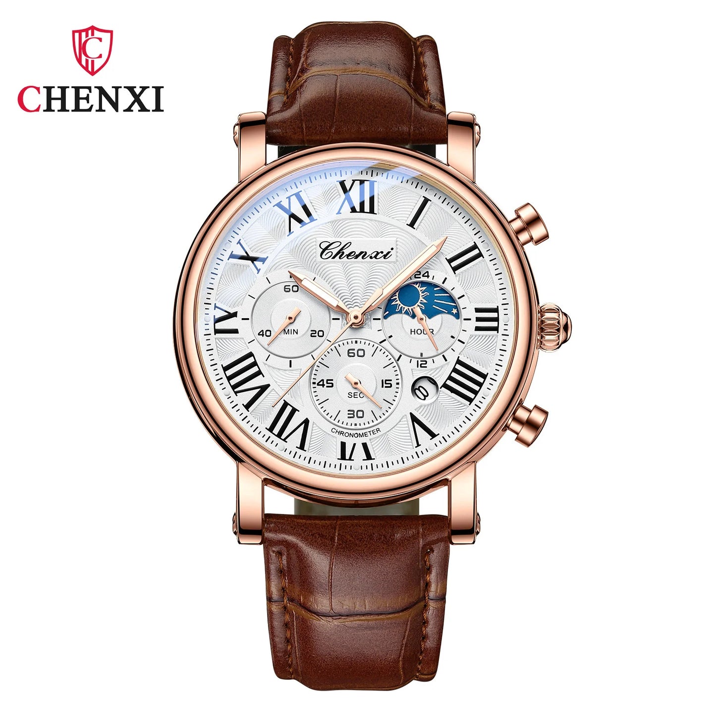 CHENXI 923 Men's Fashion Watch- Moon Phase, Roman Numeral Dial & Leather Strap