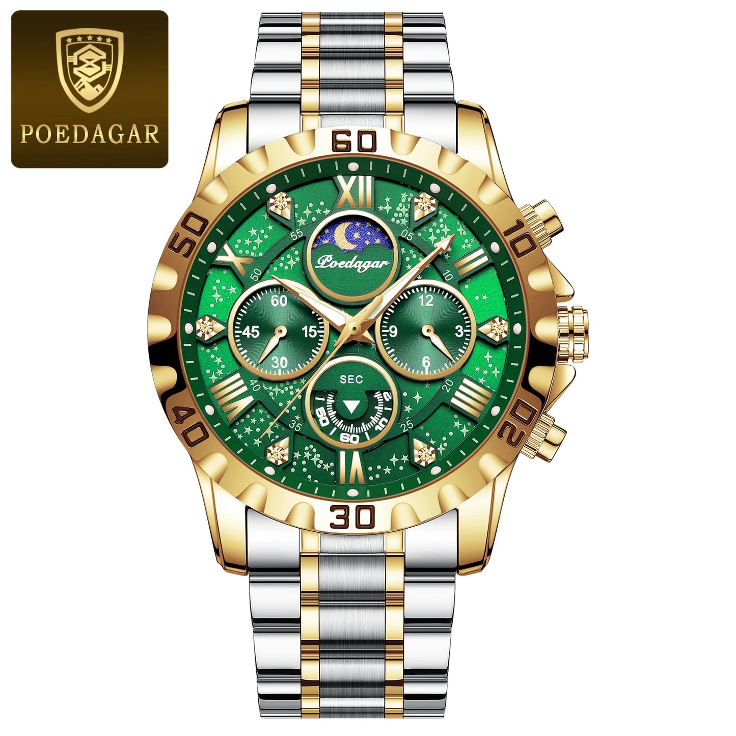 POEDAGAR Top Luxury Man Wristwatch Waterproof Luminous Chronograph Men's Quartz Watch Stainless Steel