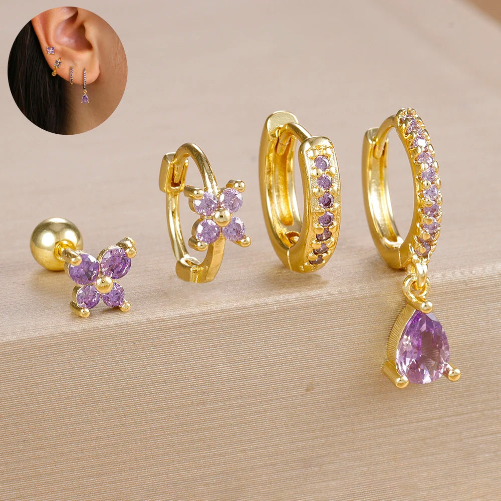 4-Pieces Zircon Star Moon Flower Small Hoop Earrings Set for Women