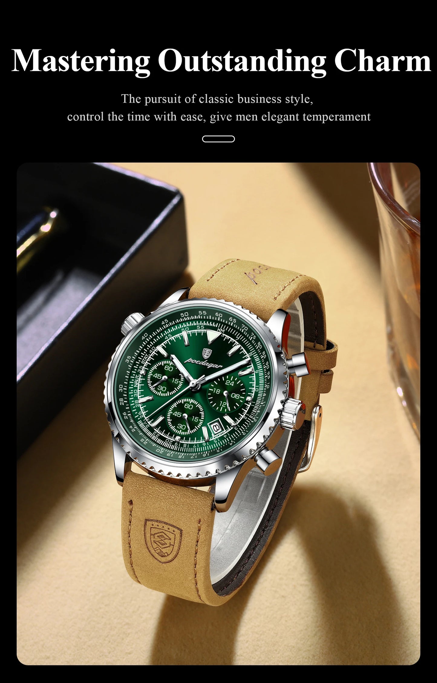 POEDAGAR Men's Luxury Business Luxury Business Watch Waterproof Choreograph Date Leather Quratz Wristwatch Date