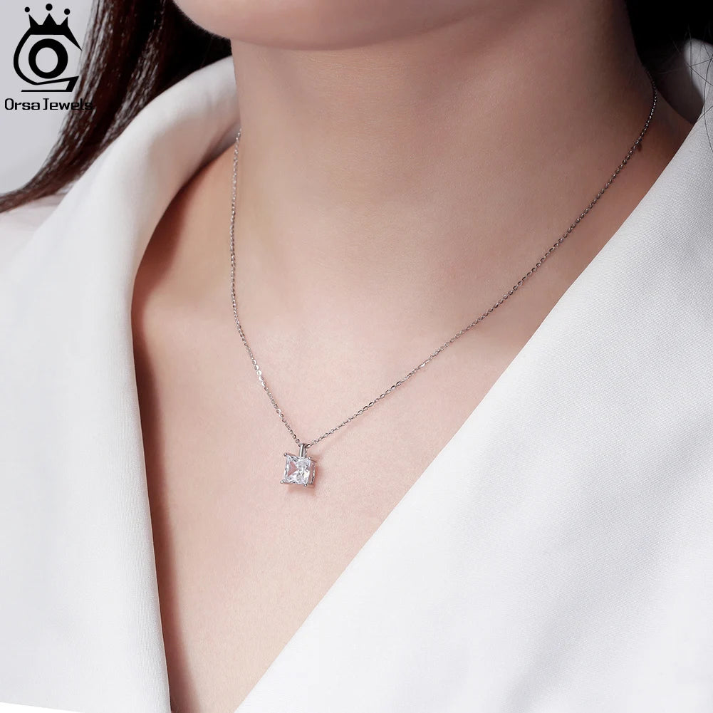 925 Sterling Silver Princess Cut Solitaire Necklace Cubic Zirconia Pendant