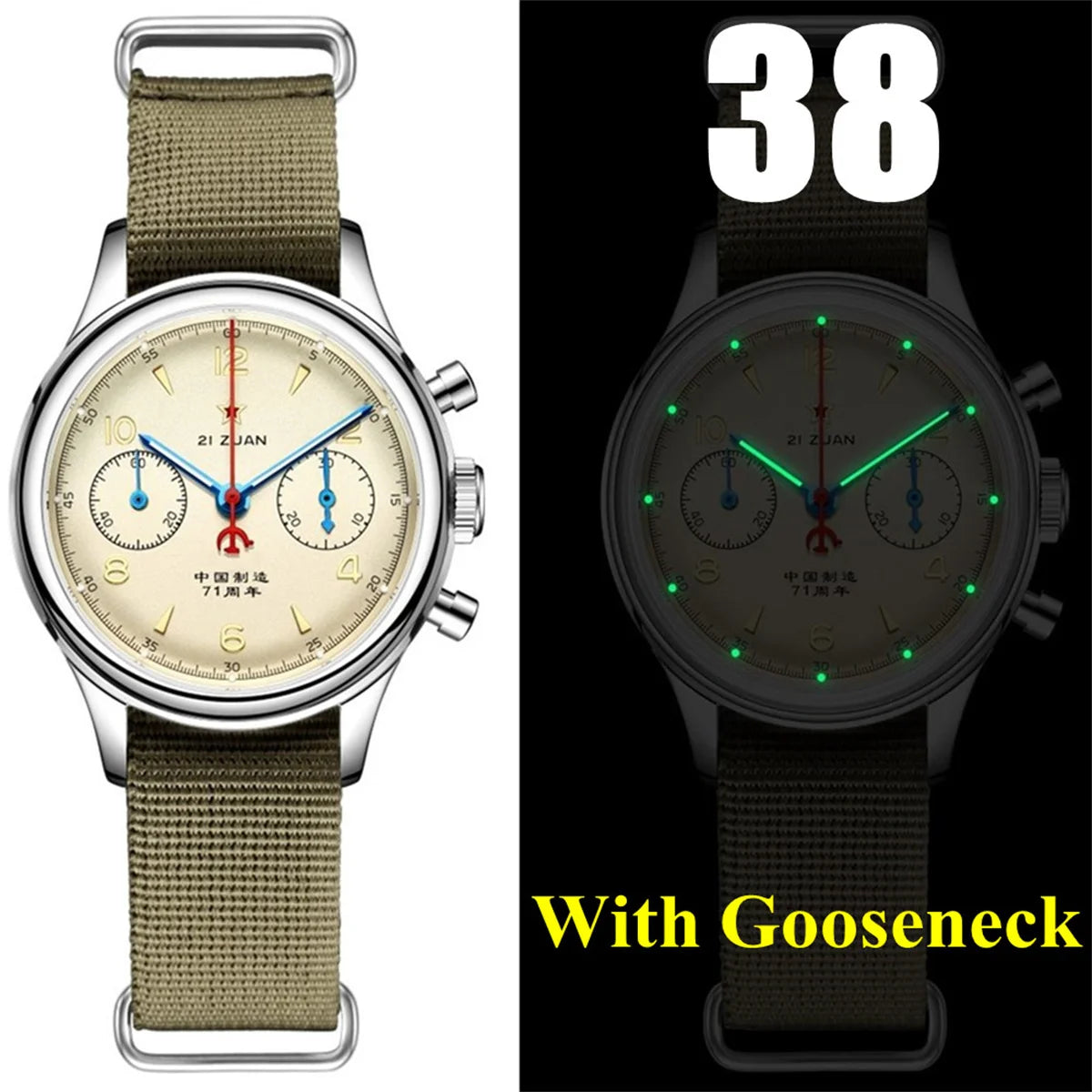 RED STAR  38mm 1963 Men's Chronograph Mechanical Watch - Pilot's Choice Aviation Timepieces.