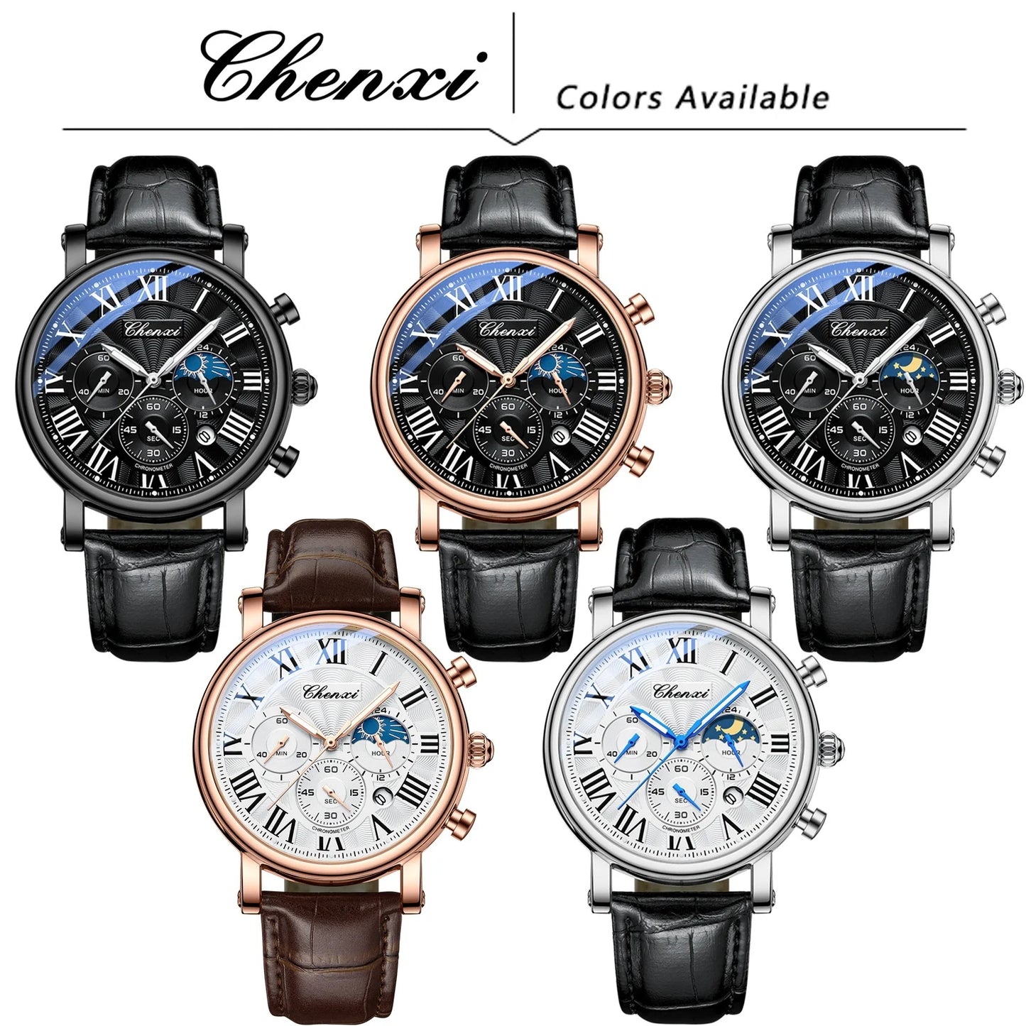 CHENXI 1973 Chronograph Watch- Moon Phase, Date Display & Leather Strap