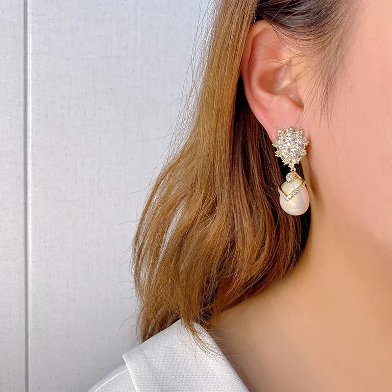 Elegant Waterdrop Pearl Dangle Earrings Crystal & Cubic Zirconia