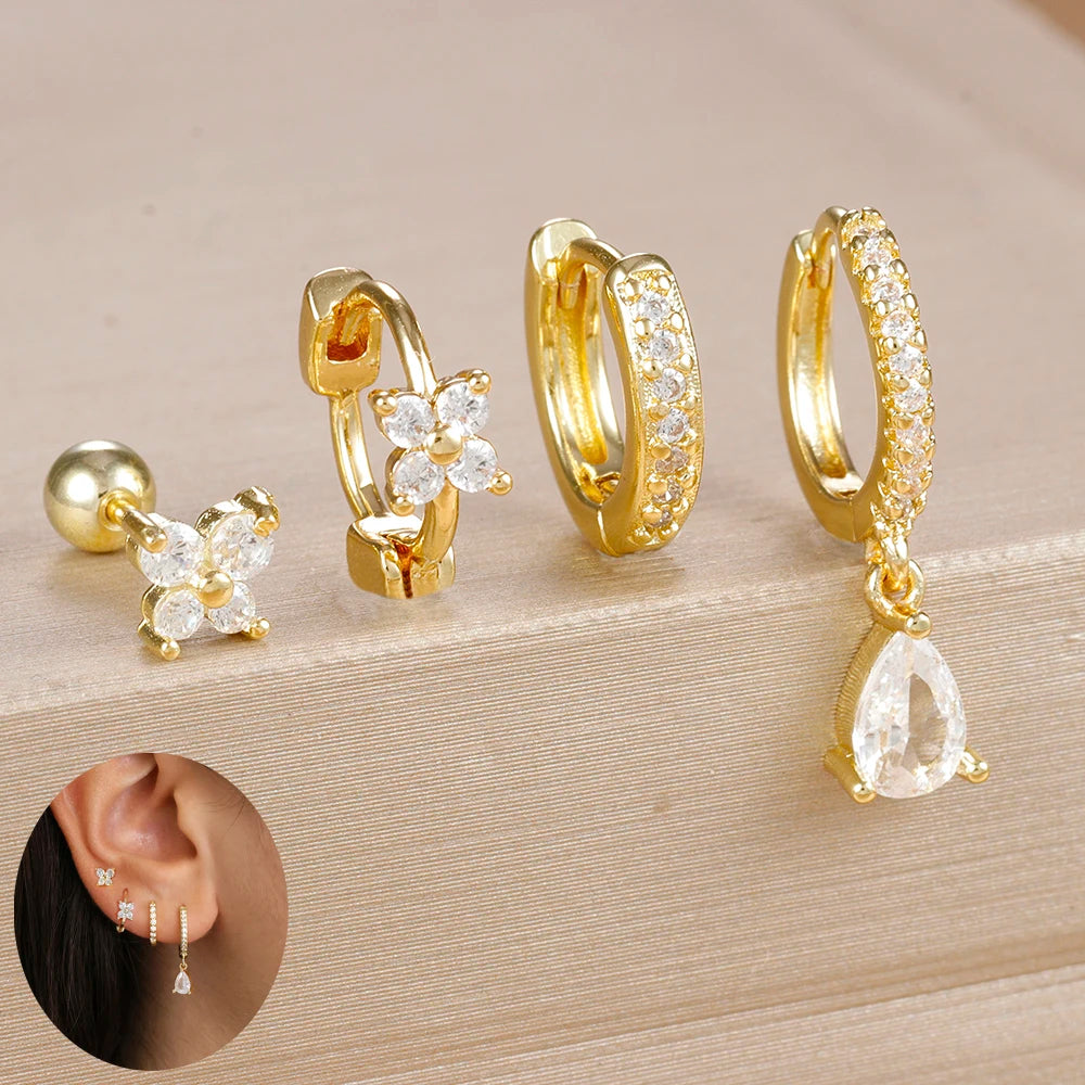 4-Pieces Zircon Star Moon Flower Small Hoop Earrings Set for Women