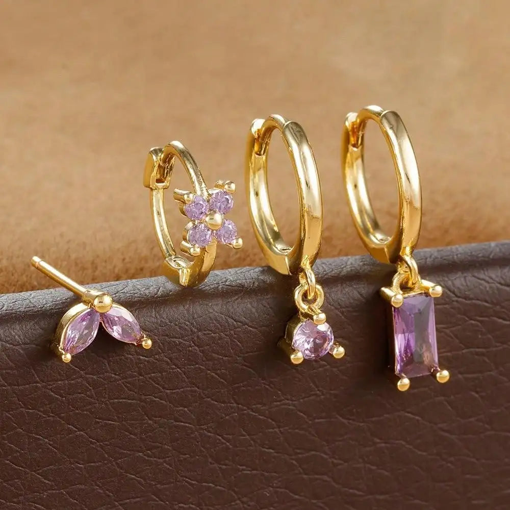 4Pcs Cubic Zirconia Flower Hoop Earrings Set 18k Gold- & Silver-Plated Stainless Steel