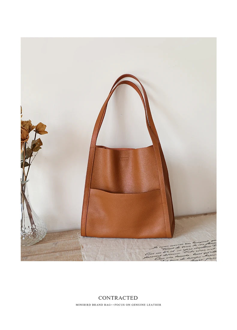 Luxury 100% Genuine Cowhide Leather Tote Bucket Bag