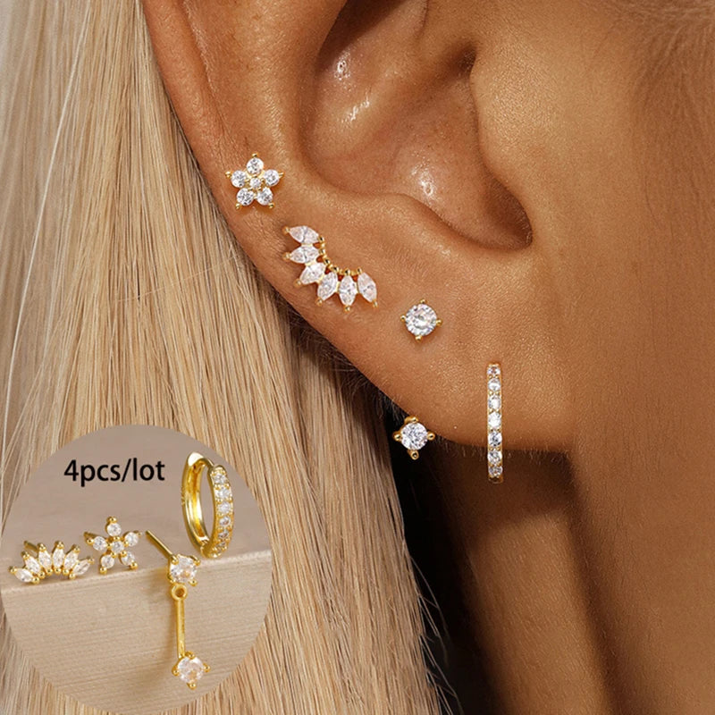 4-Pieces Zircon Star Moon Flower Small Hoop Earrings Set for Women