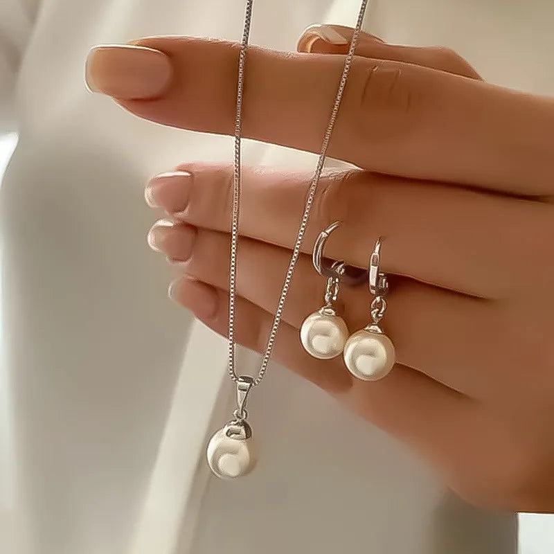 Pearl Pendant Necklace Set for Women - 3 Pcs Rhinestone Earring & Necklace Jewelry Gift Set