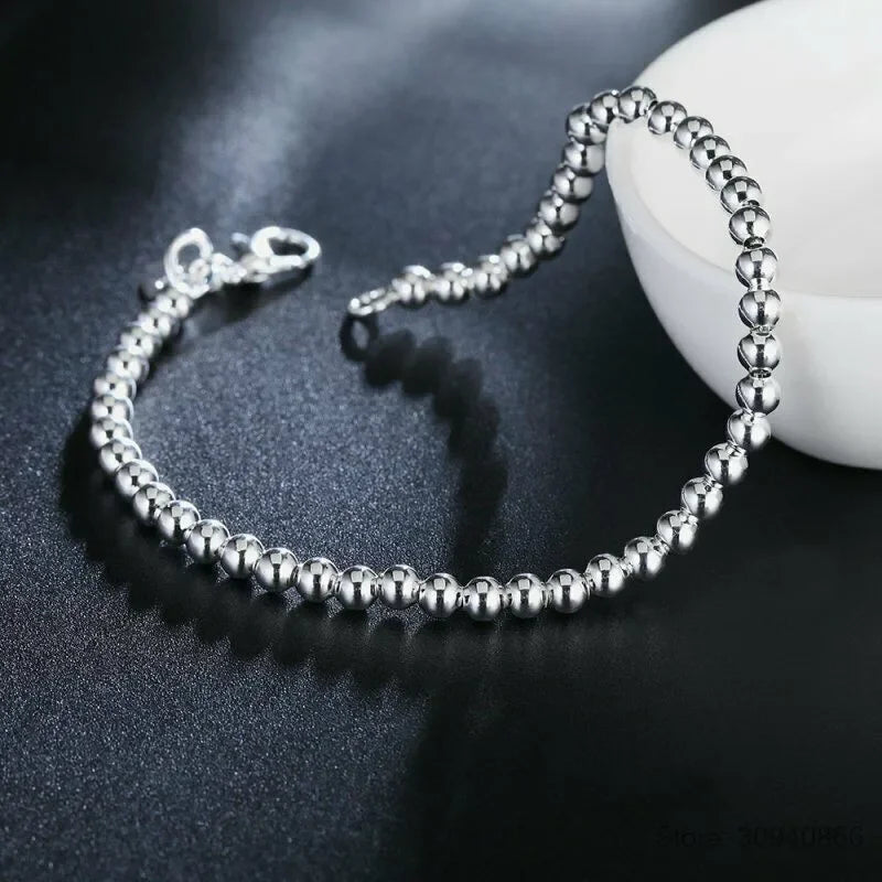925 Sterling Silver Charm Bracelet for Women 4mm Beads Chain Wedding & Party Jewelry Gift