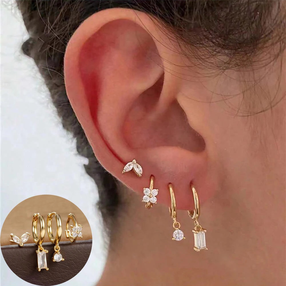 4Pcs Cubic Zirconia Flower Hoop Earrings Set 18k Gold- & Silver-Plated Stainless Steel