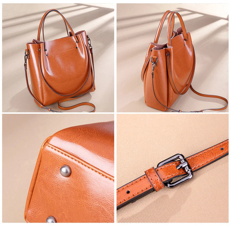 Genuine Leather Tote Bag - Vintage Women's Shoulder Handbag