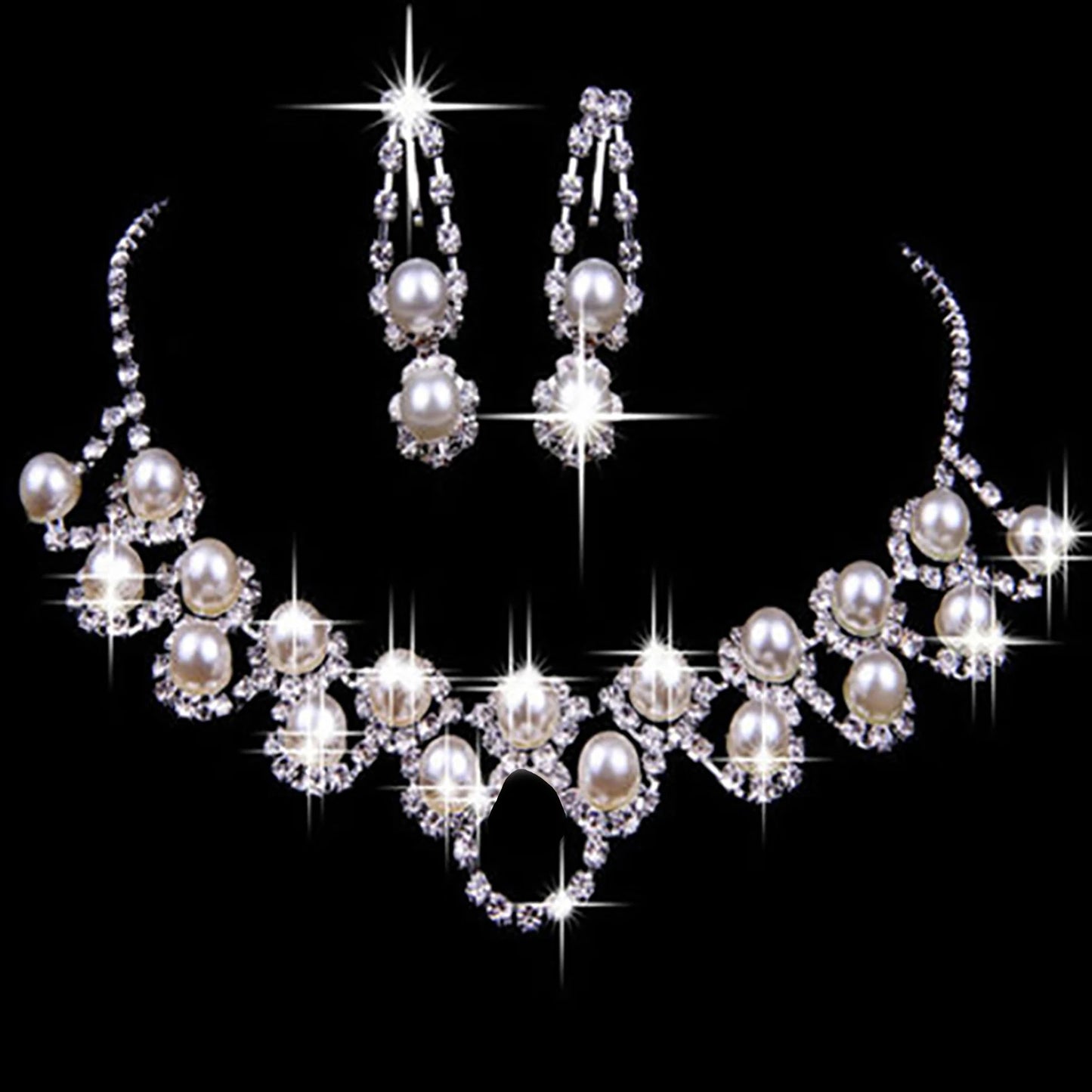 Luxury Pearl & Rhinestone Bridal Jewelry Set - Necklace & Earrings