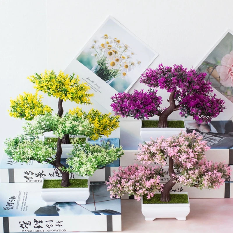 Artificial Bonsai Tree with Flower-Fake Potted Plant for Home Room & Garden Decoration