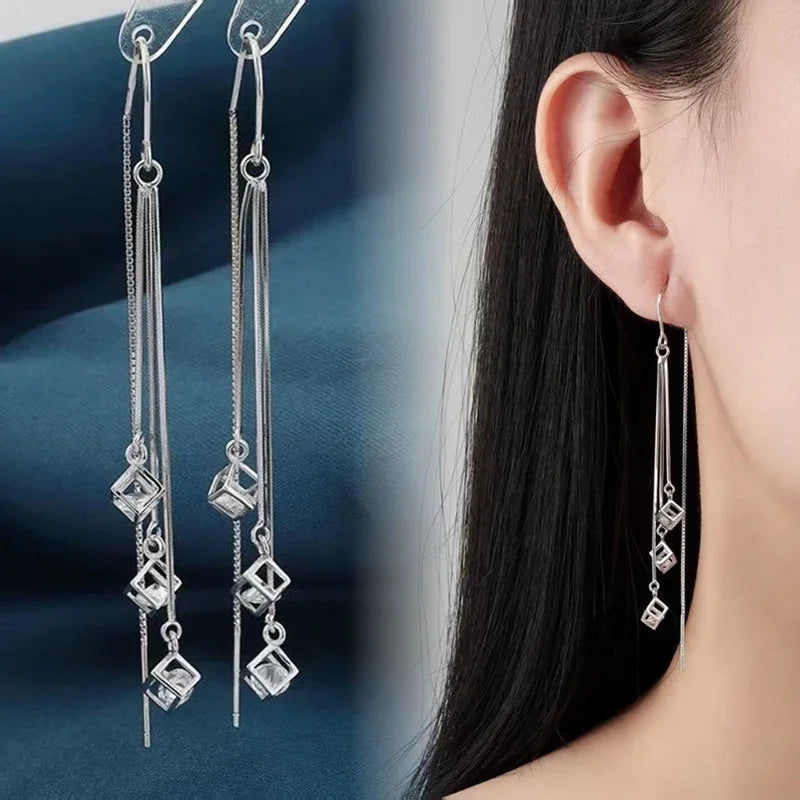 Crstal Zirconia Square Tassel Drop Earrings