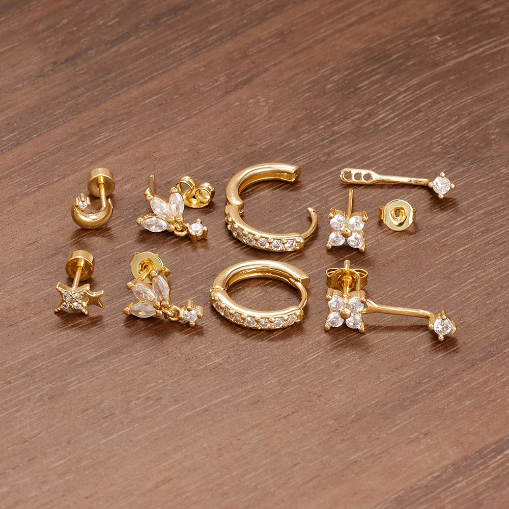 4-Pieces Zircon Star Moon Flower Small Hoop Earrings Set for Women