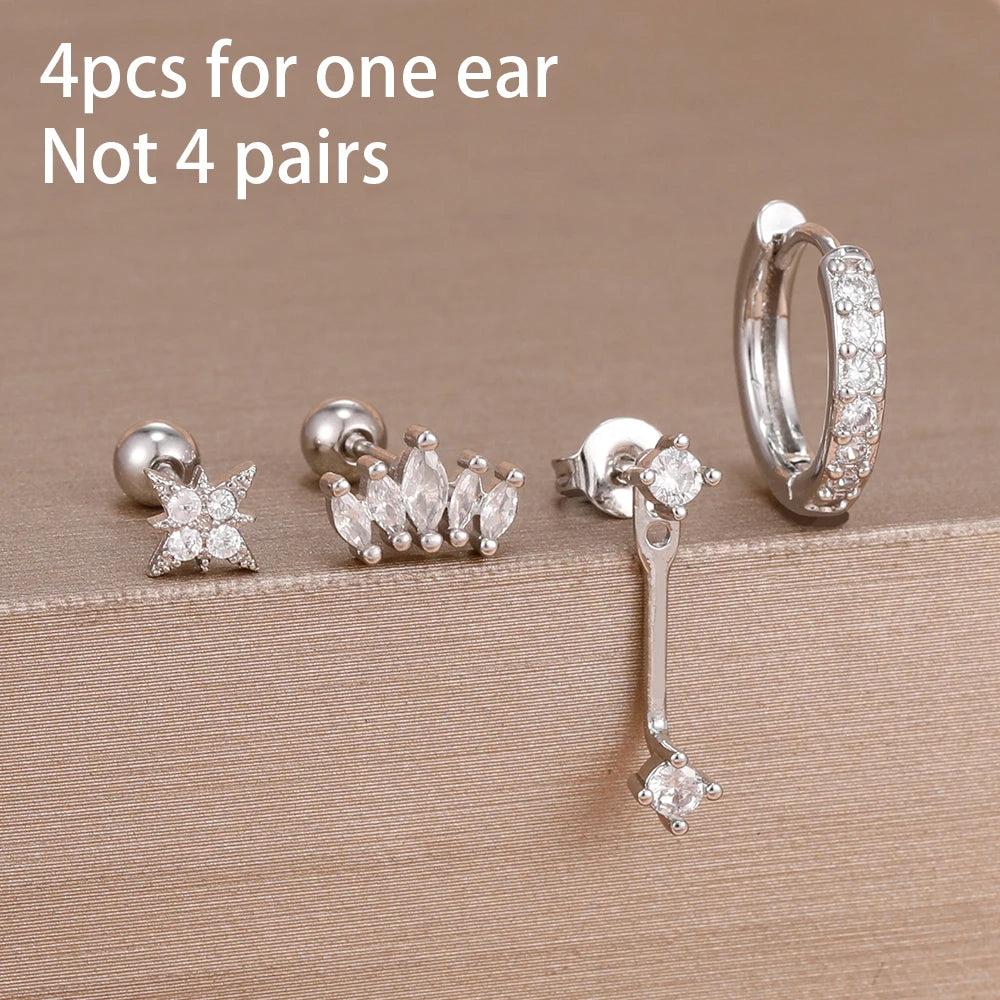 4-Pieces Zircon Star Moon Flower Small Hoop Earrings Set for Women