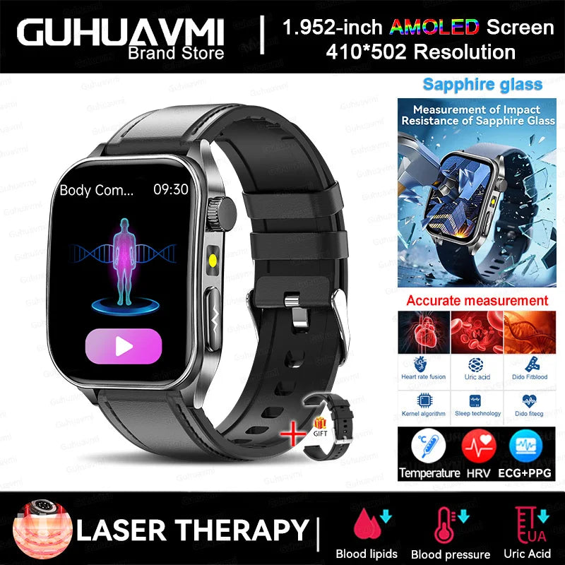 2025 Nursing Grade Laser Therapy Smartwatch- ECG PPG Blood Pressure Uric Acid Monitor