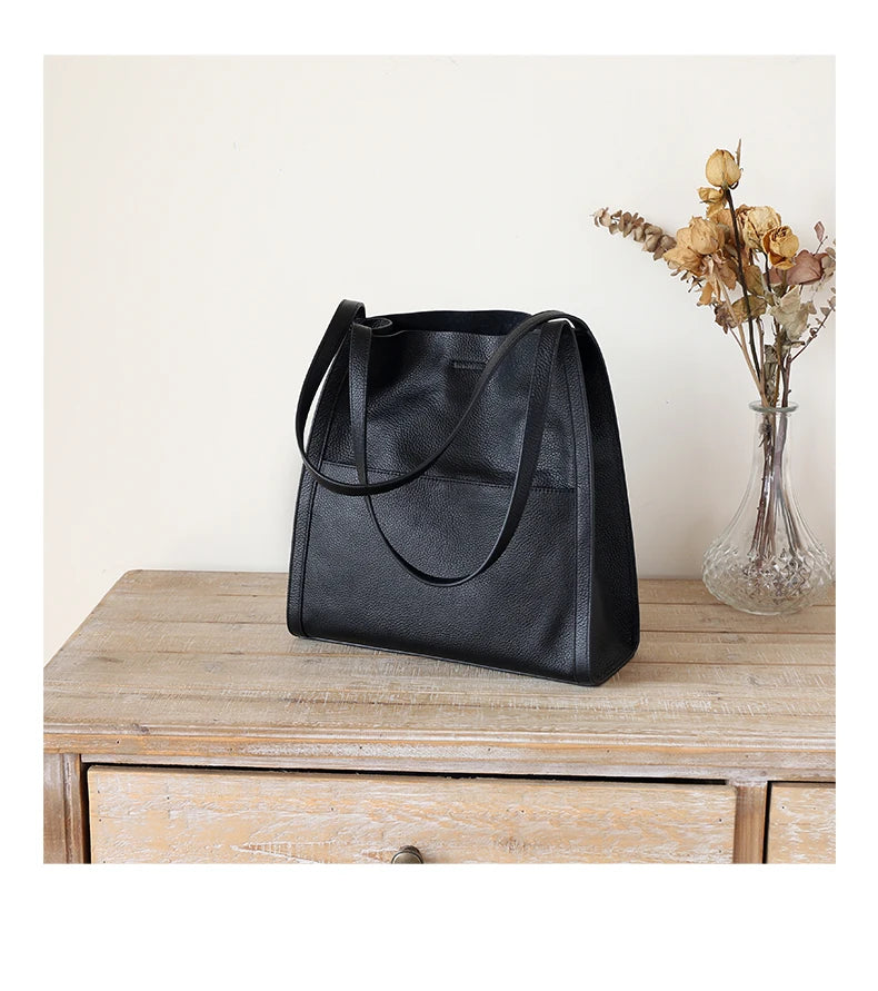 Luxury 100% Genuine Cowhide Leather Tote Bucket Bag