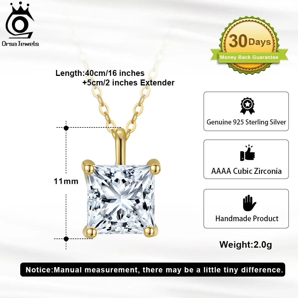 925 Sterling Silver Princess Cut Solitaire Necklace Cubic Zirconia Pendant