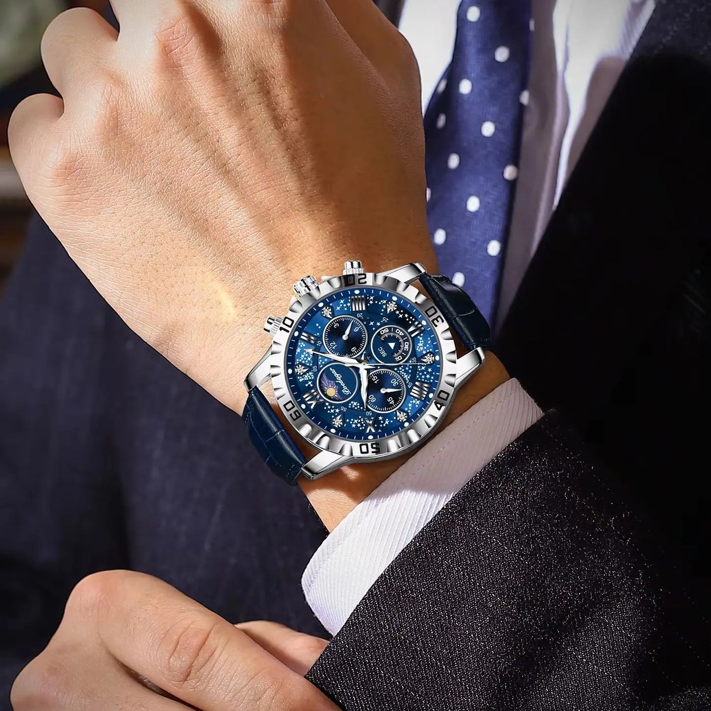 POEDAGAR men's Luxury Fashion Watch Waterproof Chronograph Leather Quartz Wriswatch